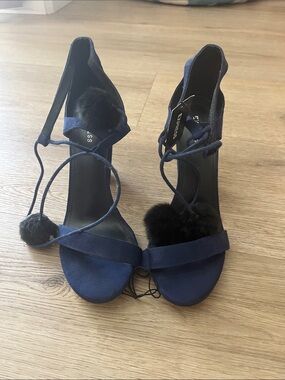 Express Navy Lace-Up Heeled Sandals with Pom-Pom Accents